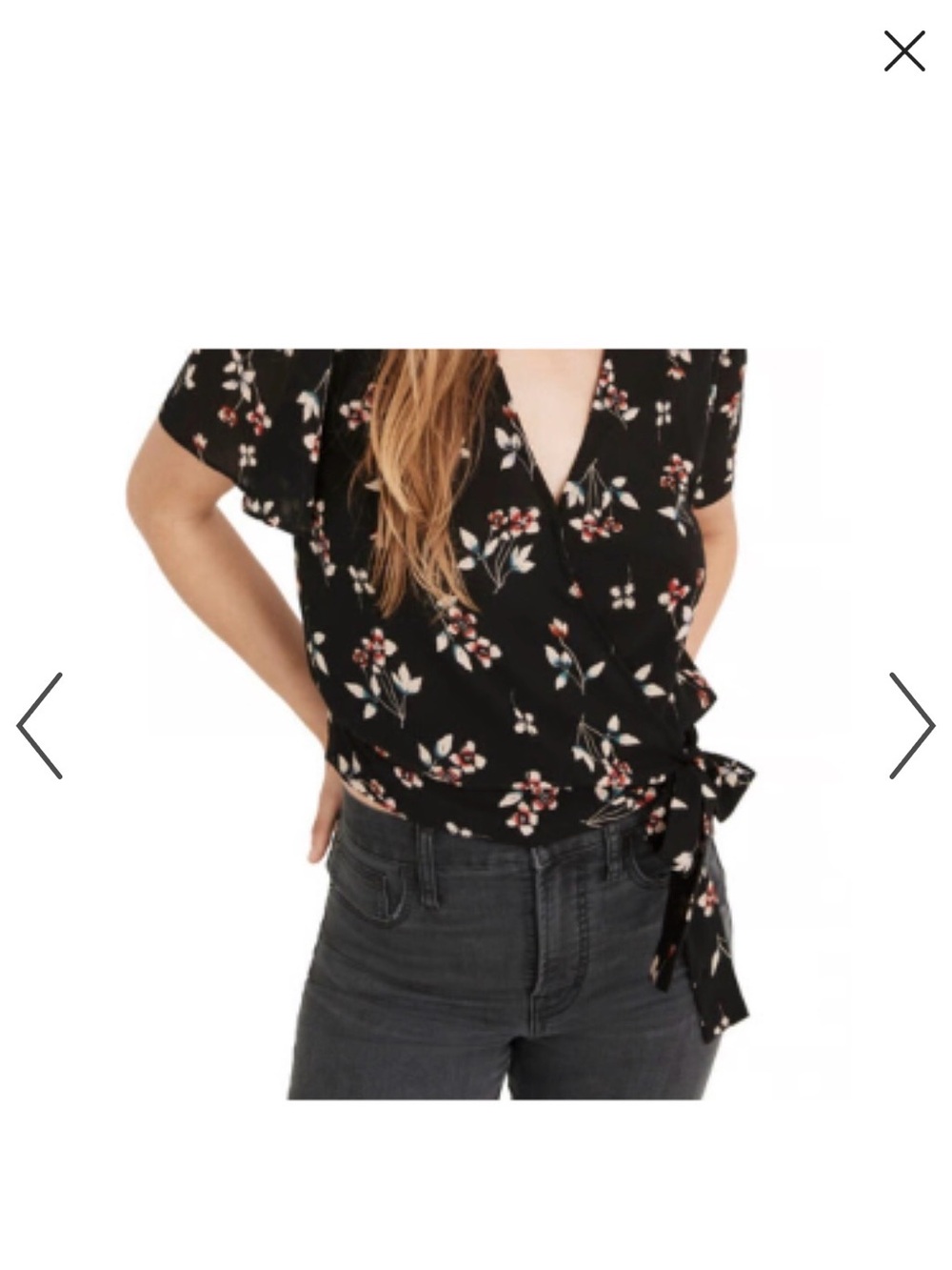Madewell Black Floral Wrap Short Sleeve Blouse